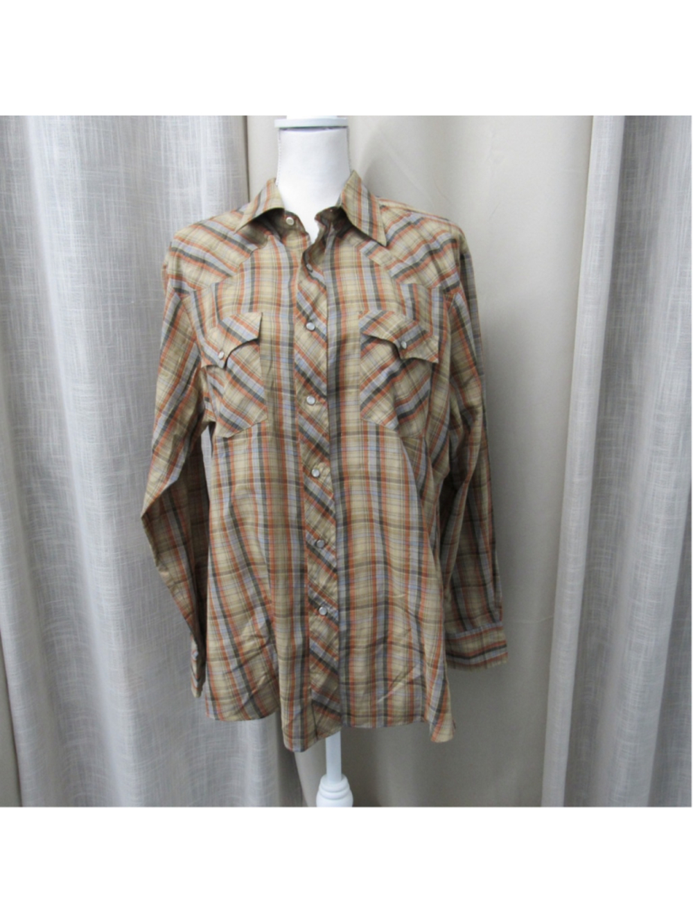 Vtg 70s Saturdays in California Pearl Snap Western Plaid Shirt Mens XL Orange
